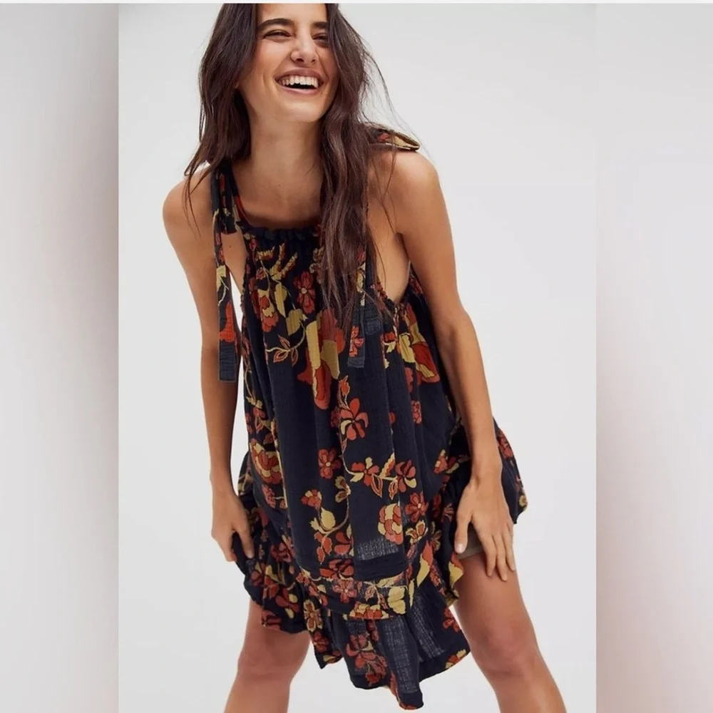 FREE PEOPLE Fluer Floral Printed Tunic Dress Top Sundress Beach‎ Summer Sz XS